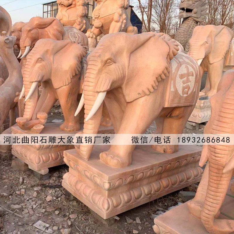 曲阳晚霞红大象厂家直销,石雕大象雕刻制作,吉祥如意石大象图片大全