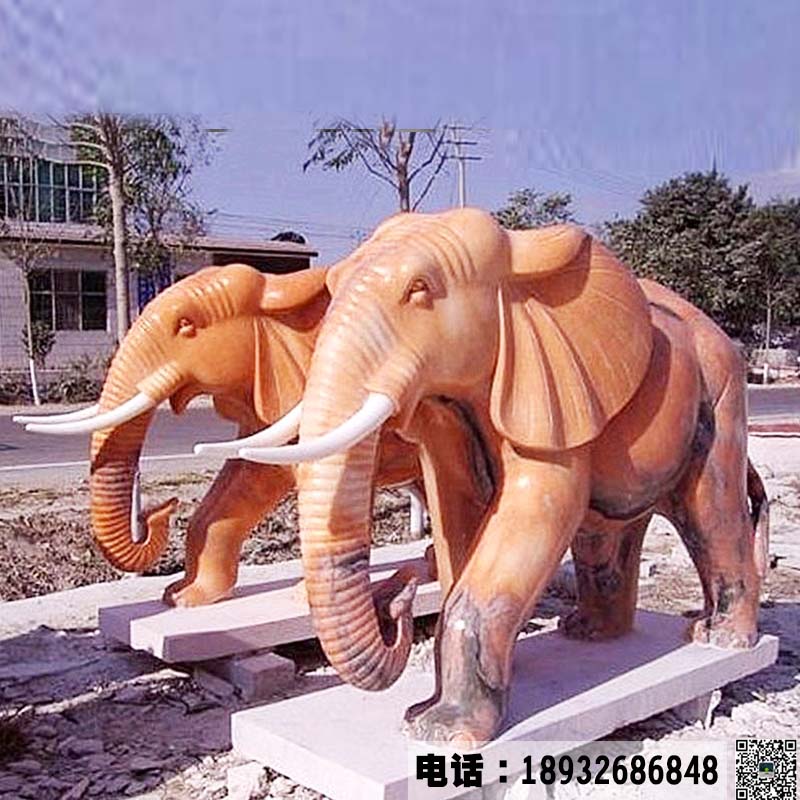 厂家批发加工石雕大象 晚霞红大象一对直销批发价格