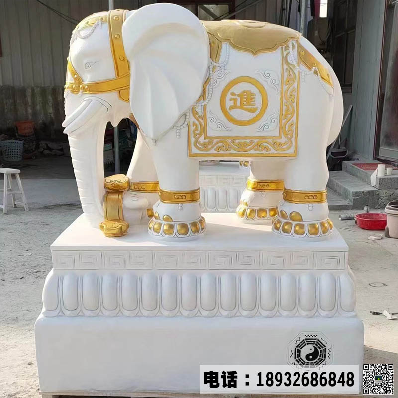 汉白玉石雕大象加工厂家,石雕大象价格,汉白玉描金石雕大象图片